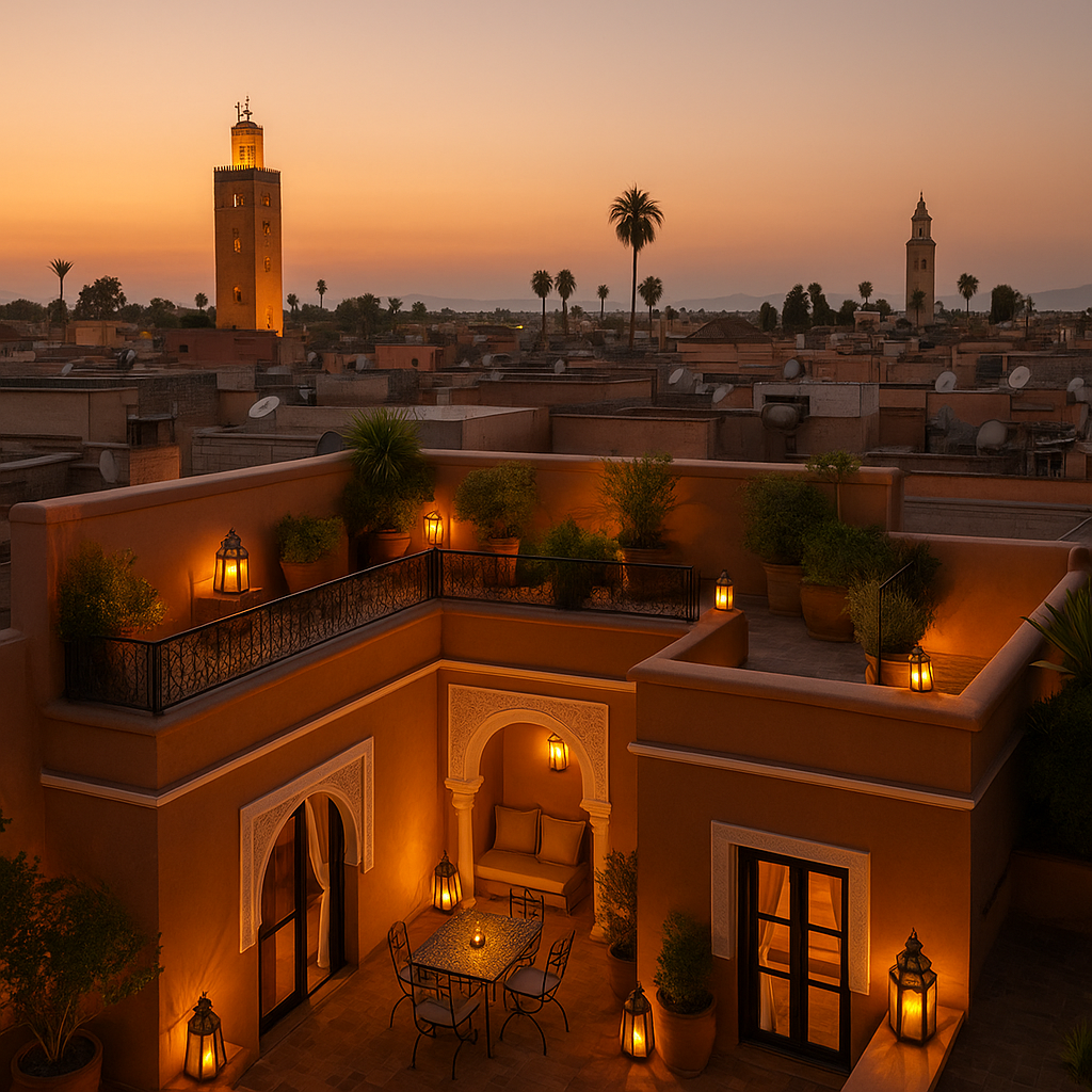 Vue d’un riad sur la médina au coucher du soleil